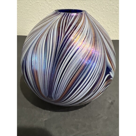 Art Glass Globe Vase with Purple Blue Brown Swirls Sphere Vintage - Picture 4 of 15